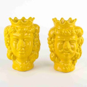 Teste siciliane in Ceramica H cm 14, Coppia Teste di Moro Caltagirone Fatte a Mano