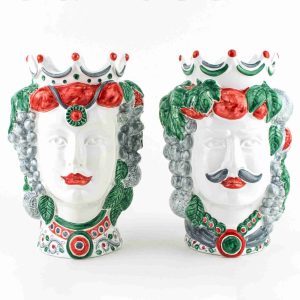 Coppia Teste di Moro H cm 25 in Ceramica di Caltagirone Fatta a Mano, Teste di Moro siciliane