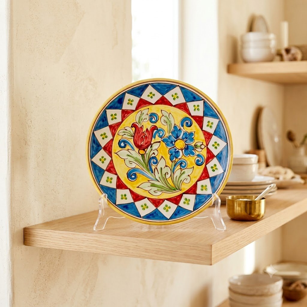Piatto in ceramica di Caltagirone con motivi stile Carretto Siciliano