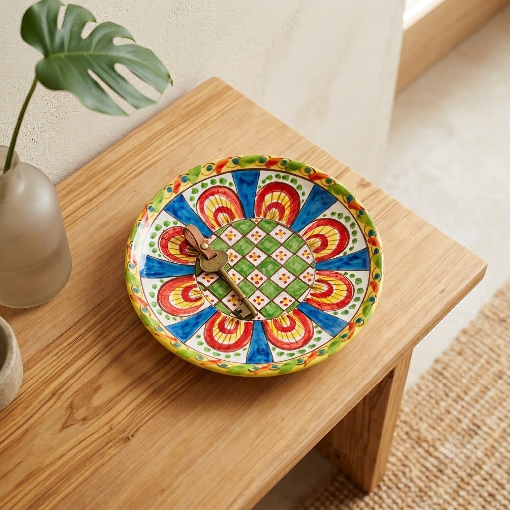 Piatto in ceramica di Caltagirone con motivi stile Carretto Siciliano