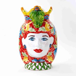Testa di Moro donna in Ceramica di Caltagirone H cm 28 Fatta a Mano motivo Carretto Siciliano