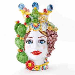 Testa di Moro donna H cm 32 in Ceramica di Caltagirone Fatta a Mano motivo Carretto Siciliano