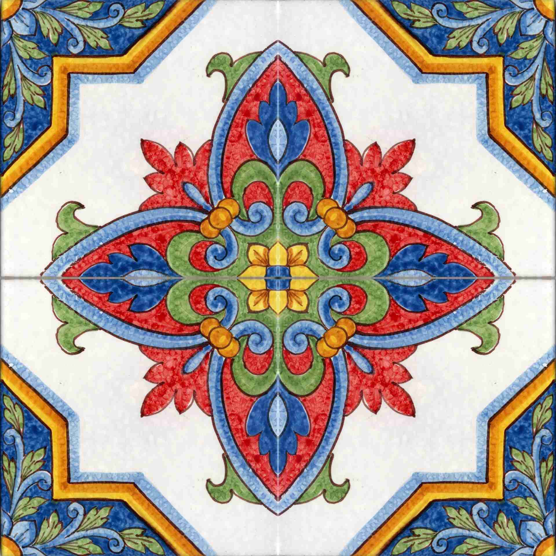 Piastrella cm 30×30 decorata a mano Caltagirone Serie Sicula decoro Ribera