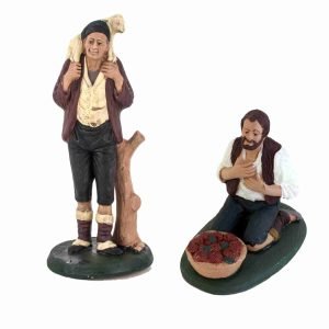 Set 2 Personaggi Presepe, statuine in terracotta decorate a mano Pastore con agnellino + Contadino inginocchiato, presepe in ceramica di Caltagirone