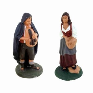 2 Statuine Presepe H 16 cm, statuina in terracotta zampognaro + statuina ragazza. Presepe di Caltagirone decorate a mano