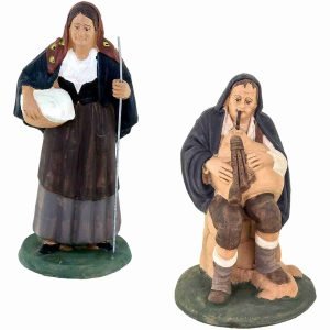 Set 2 Personaggi Presepe, statuine in terracotta decorate a mano Zampognaro seduto + Anziana con cestino, presepe in ceramica di Caltagirone