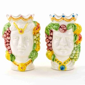 Coppia Teste di Moro siciliane H cm 14 semidecorate in Ceramica di Caltagirone Fatte a Mano