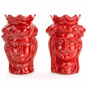 Coppia Teste di moro rosse ceramica di Caltagirone H cm 17