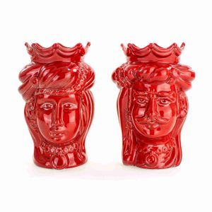 Coppia Teste di moro rosse ceramica di Caltagirone H cm 14