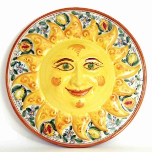 Sole Grande in Ceramica (ø cm 43) da Appendere a Parete. Decorato a Mano, Caltagirone.