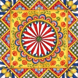 Piastrella siciliana rosa dei venti decorata a mano Serie Carretto Siciliano
