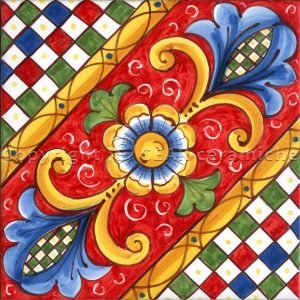 Piastrella decorata a mano Caltagirone Serie Carretto Siciliano Fiore diagonale