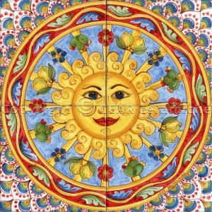 Pannello in maiolica Sole Siciliano Stile Carretto decorato a mano Caltagirone