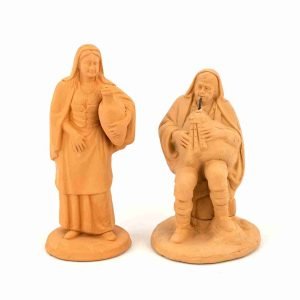 2 Personaggi Presepe, Statuina in terracotta zampognaro + donna con quartara, presepe in ceramica di Caltagirone fatto a mano