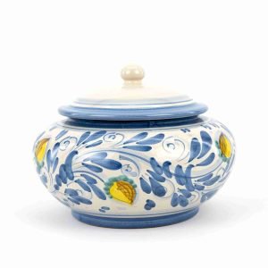 Biscottiera fatta a mano in ceramica siciliana di Caltagirone decoro '600 BLU ANTICO
