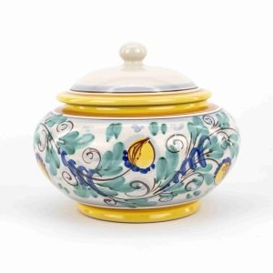 Biscottiera fatta a mano in ceramica siciliana di Caltagirone decoro '600 GIALLO
