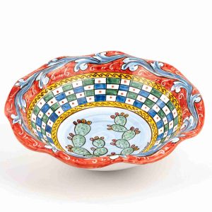 Portadolci fruttiera in ceramica di Caltagirone in Stile Carretto Siciliano con decoro ficodindia
