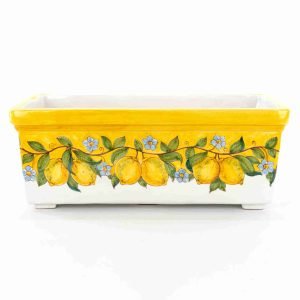 Fioriera rettangolare con decoro limoni e fondo giallo in ceramica di Caltagirone