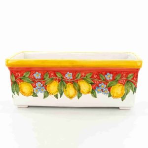 Fioriera rettangolare con decoro limoni e fondo rosso in ceramica di Caltagirone