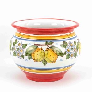 Portavaso in Ceramica Fatto a Mano, Ceramica di Caltagirone con decoro Rosso e Limoni