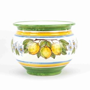 Portavaso in Ceramica Fatto a Mano, Ceramica di Caltagirone con decoro Verde e Limoni