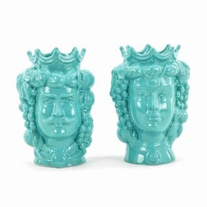 Coppia Teste di Moro H cm 25 o 35 colore Acquamarina in Ceramica di Caltagirone Fatta a Mano