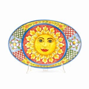 Vassoio ovale in ceramica di Caltagirone decoro CARRETTO con Sole