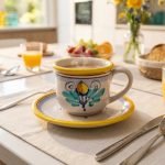 Tazza da colazione con piatto in ceramica di Caltagirone decorata a mano decoro AMBRA