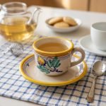 Tazza da the con piatto in ceramica di Caltagirone decorata a mano. Decoro AMBRA