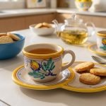 Tazza da the con piatto vassoio porta biscotti/brioche in ceramica di Caltagirone decorata a mano decoro AMBRA