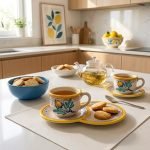 Tazza da the con piatto vassoio porta biscotti/brioche in ceramica di Caltagirone decorata a mano decoro AMBRA