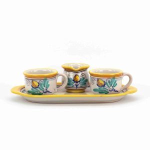 Servizio da the per due in ceramica con bricco per latte. Ceramica siciliana di Caltagirone realizzata decorata a mano, decoro AMBRA