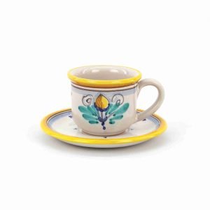 Tazza da colazione con piatto in ceramica di Caltagirone decorata a mano decoro AMBRA