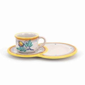Tazza da the con piatto vassoio porta biscotti/brioche in ceramica di Caltagirone decorata a mano decoro AMBRA